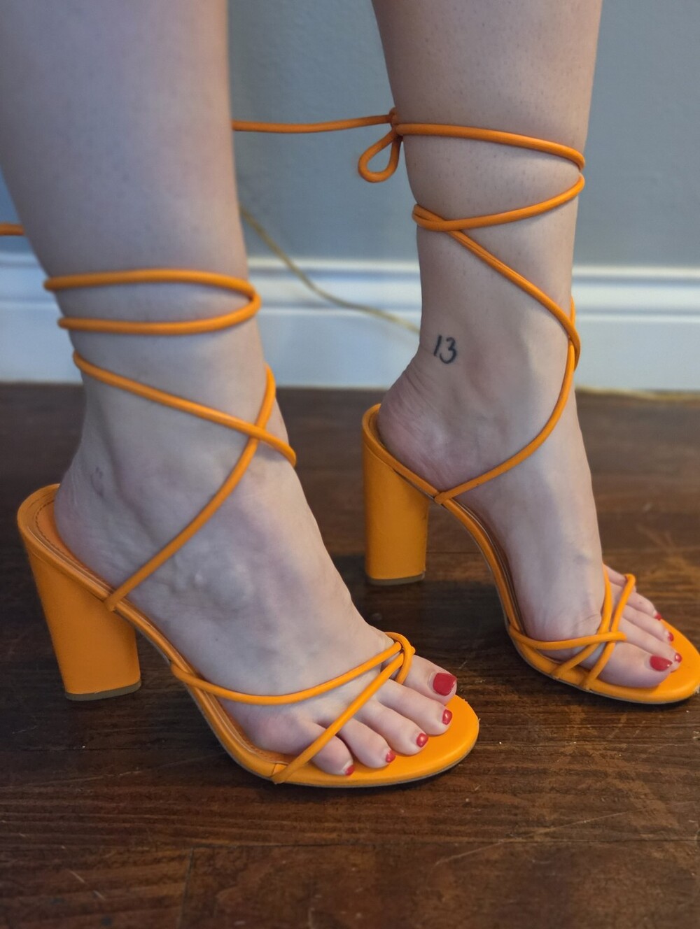 Gianni Bini Vibrant Orange Wrap-Strap Block Heels